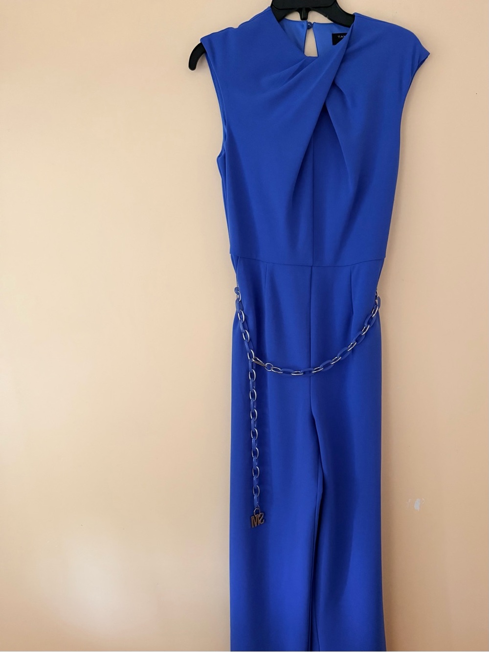 Tahari Cobalt Twisted Neck Jumpsuit with Chain Accent
